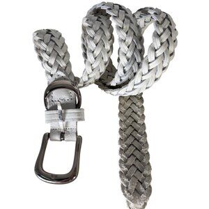 Genuine Leather Braided Belt With Metal Buckle Silver & White Size M/L